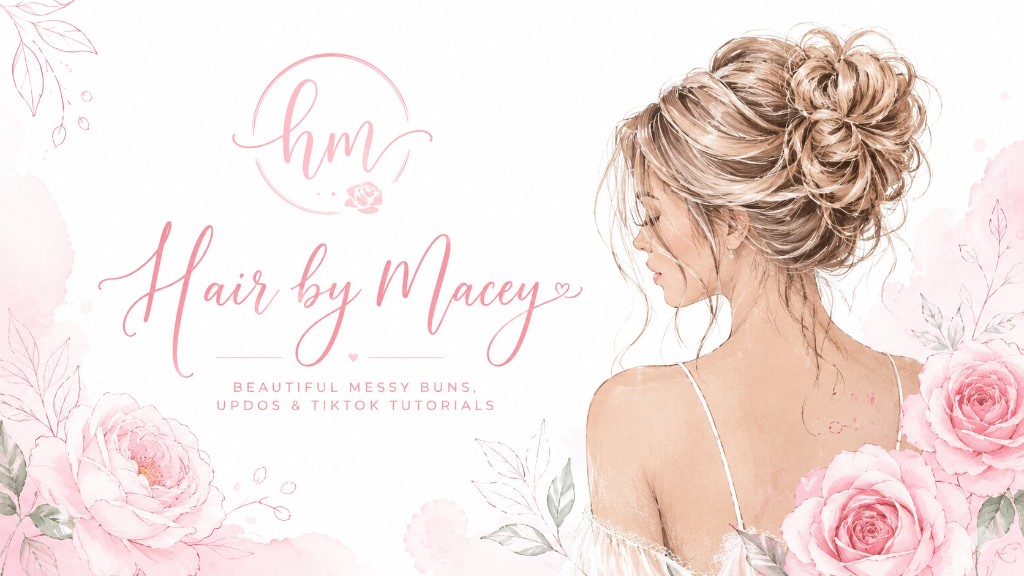 Hair by Macey hero illustration with messy bun updo, blush pink roses, and hand-lettered branding.