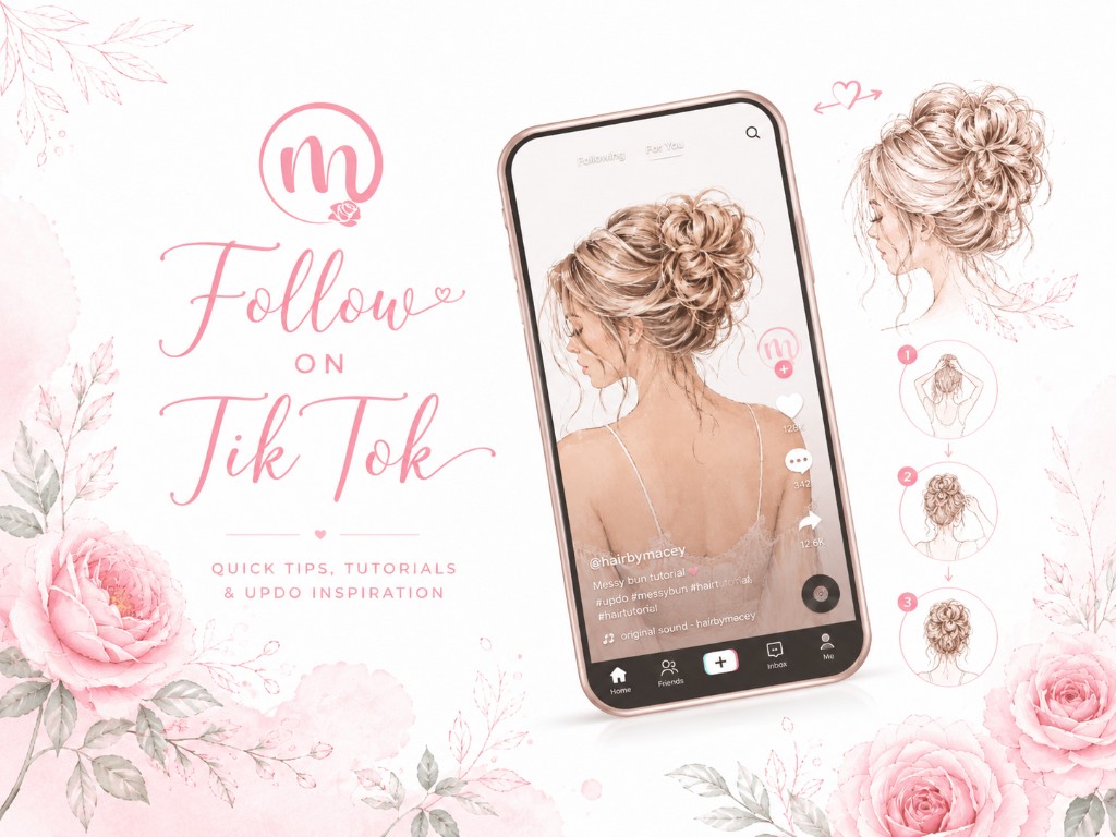 Hair by Macey TikTok tutorial mockup with phone and step-by-step updo icons.